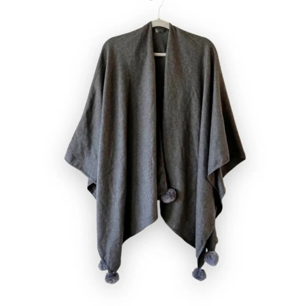 Janice Apparel Gray Acrylic Knit PomPom Shawl Wrap Oversized Scarf Fall Vibes OS